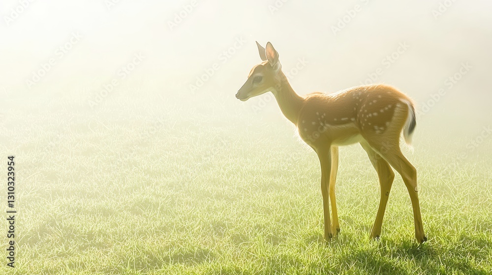 Fototapeta premium Deer grazing in misty meadow nature scene tranquil environment soft morning light