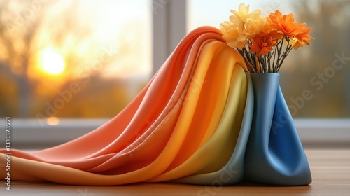 Colorful fabric drapes over vase with flowers at sunset window photo