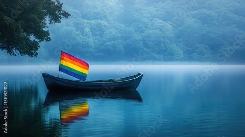 Tranquil Lakeside View of an LGBTQI Flag on a Small Boat, Symbolizing Peaceful Journeys and Freedom of Expression