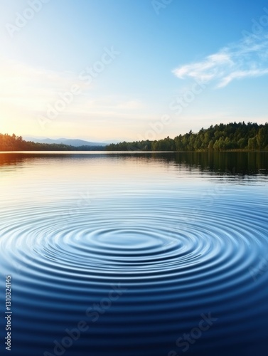 A serene lake scene captures tranquil water ripples under a clear blue sky, surrounded by lush greenery, ideal for promoting relaxation, nature-themed projects, or wellness content,