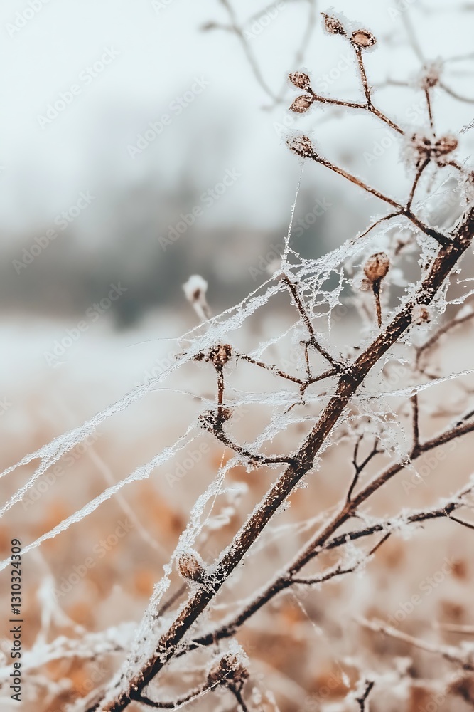 Intricate frost on delicate branches with spiderweb near a field