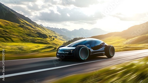 Futuristic black car with neon lights on highway road