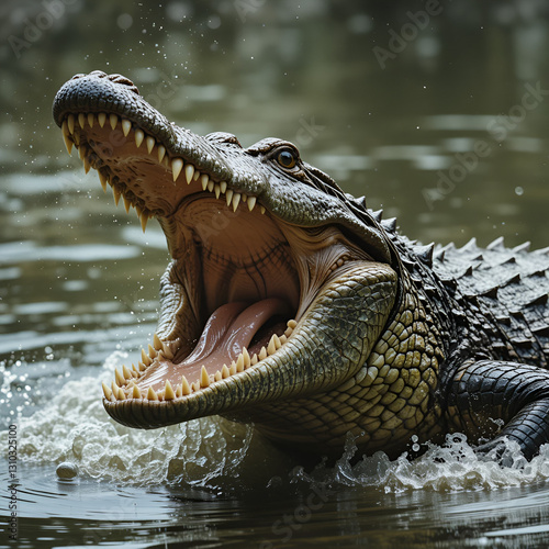 Crocodile ready to jump and attack with open mouth, predator, wildlife, dangerous, reptile, teeth, water, aggressive, ambush