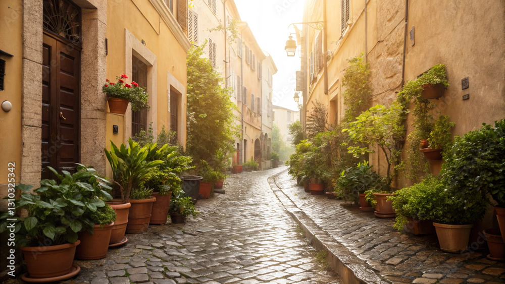 Obraz premium Sunlit European alley with lush greenery and cobblestone path