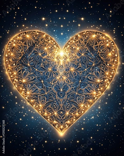 A heart shaped mandala, A celestial heart mandala glowing with sacred love, surrounded by divine illumination, hrough an ethereal heart mandala art, Glowing heart design in a starry background.