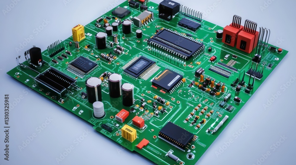 Detailed image shows a green electronic circuit board with components Detailed image shows a green electronic circuit board with components
