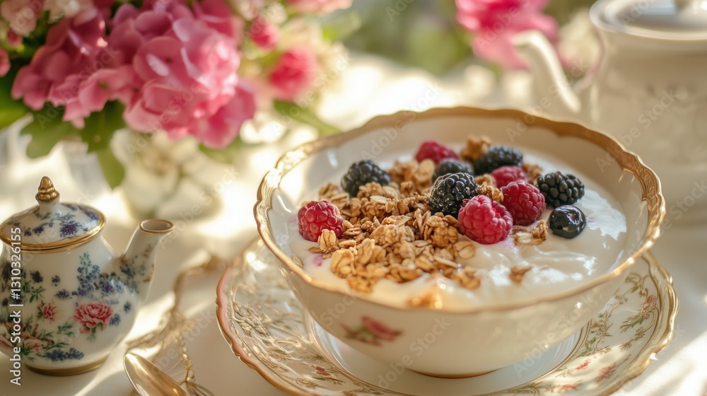 Elegant breakfast setting with yogurt granola and fresh berries in floral china Elegant breakfast setting with yogurt granola and fresh berries in floral china