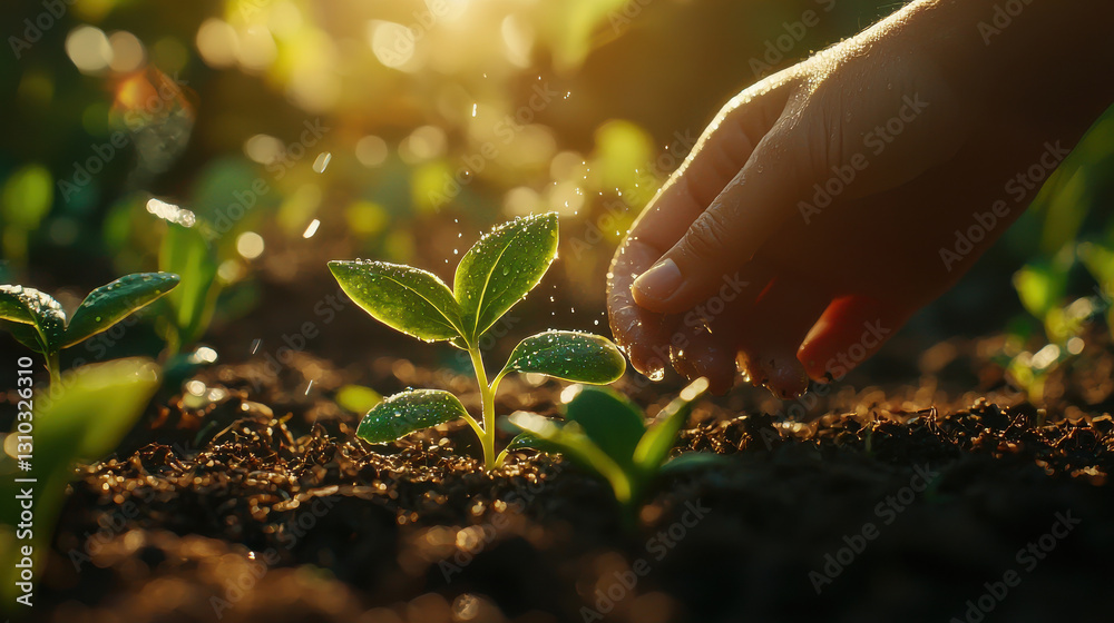 Fototapeta premium Gentle hand watering a delicate green sprout in soft golden sunlight with blurred lush greenery in the background