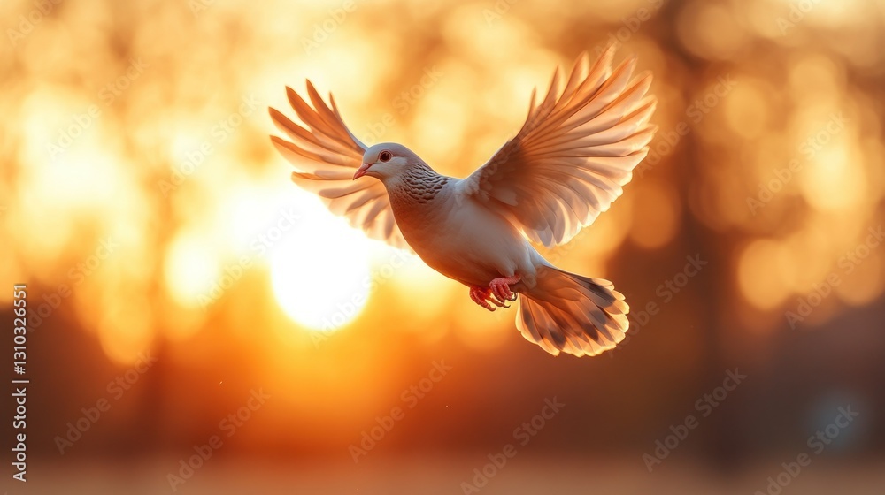 Naklejka premium White dove in flight at golden sunset (1)