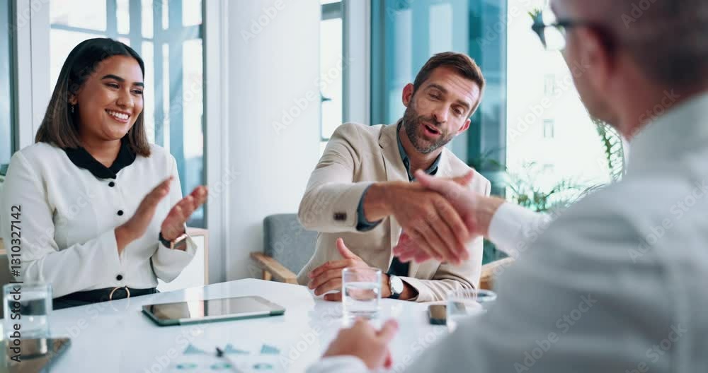 Handshake, clients and people in boardroom, success or agreement to deal in business, paperwork or joy. Shaking hands, colleagues and happy for collaboration in office, investment or smile in meeting