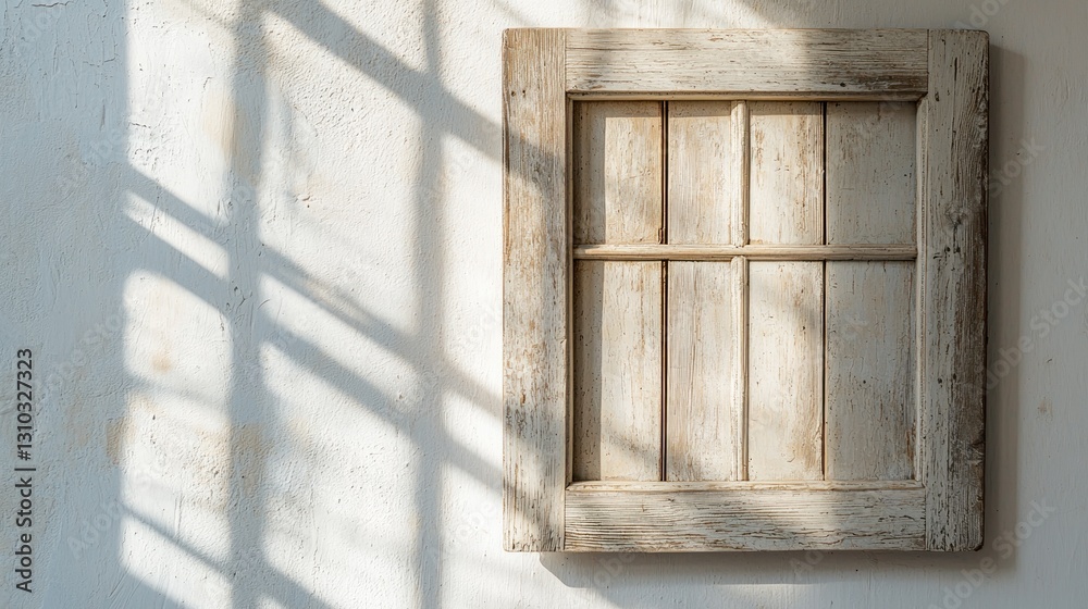 Obraz premium Rustic wooden window frame on a textured wall with sunlight shadows.