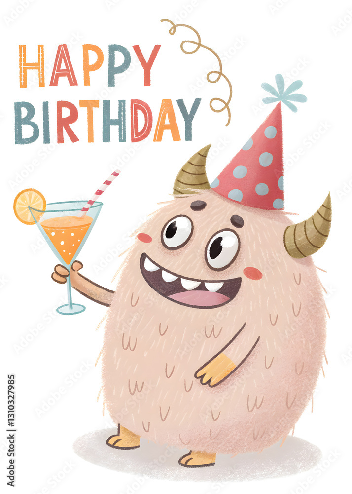 Fototapeta premium cartoon fluffy monster in party hat with cocktail, happy birthday greeting card