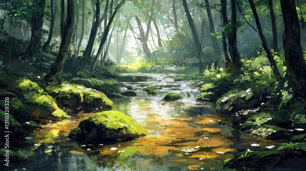 Obraz premium Sunlit stream flows through a lush green forest.