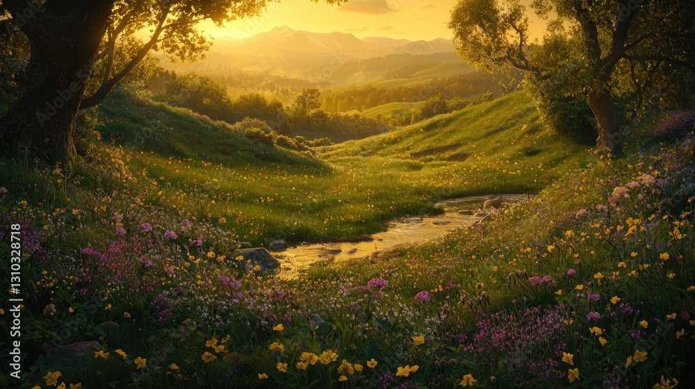 Obraz premium Idyllic sunset over vibrant wildflowers and stream in rolling hills.
