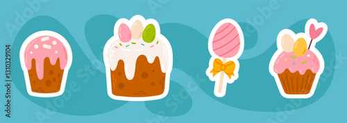 A festive Easter sticker set featuring traditional cakes, cupcakes, and candy on a blue background. Ideal for holiday decorations, greeting cards, and digital designs.