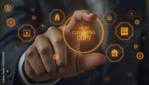 a man touching a high converting copy icon.