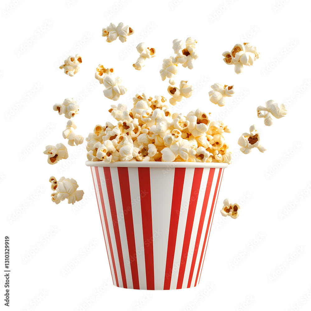 Popcorn spilling from a striped container against transparent background Popcorn spilling from a striped container against transparent background
