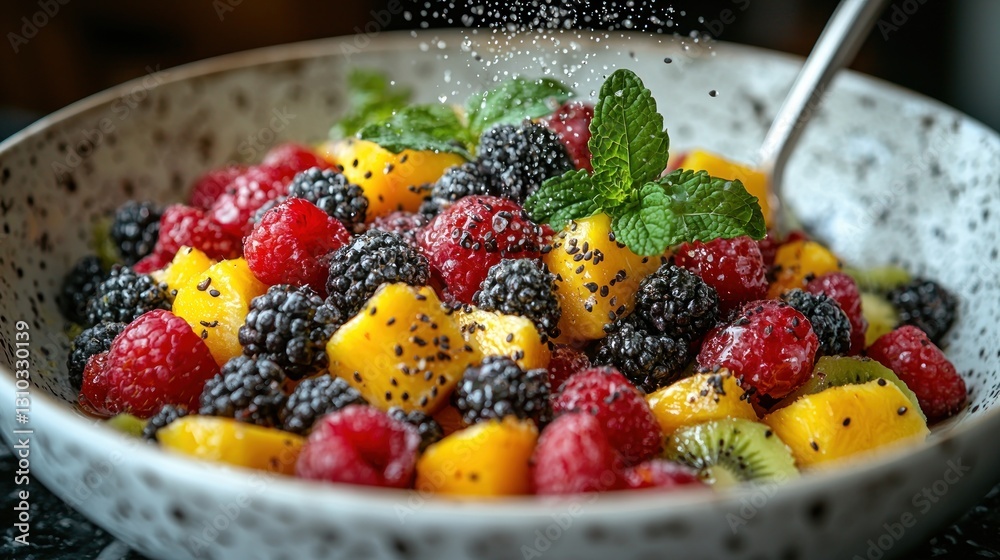 Colorful fruit salad with raspberries, blackberries, mango, and mint garnished Colorful fruit salad with raspberries, blackberries, mango, and mint garnished