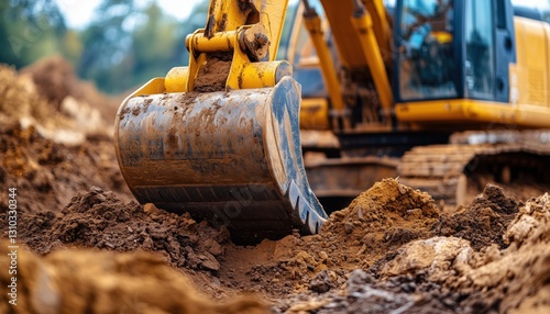Excavation Vehicle Digging Soil On Construction Site: Crawler Excavator And Backhoe In Action For Earth Moving Equipment At Demolition Site For Construction Business