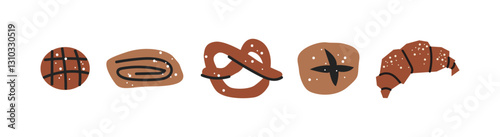 Sweet fresh baked goods: bread, buns, croissant, roll, pretzel, donut, cookies. Vector cartoon doodle style bakery stickers
