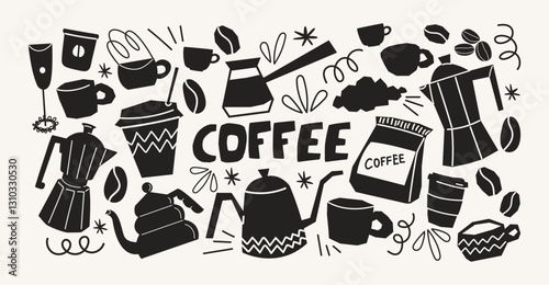 Coffee stickers set. Silhouettes coffee makers, kettles, brewing, arabica coffee, glass,espresso,cappuccino, beans.Graphic doodle minimalist retro icons.Coffee shop patches	
