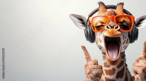 Giraffe with headphones singing, studio shot