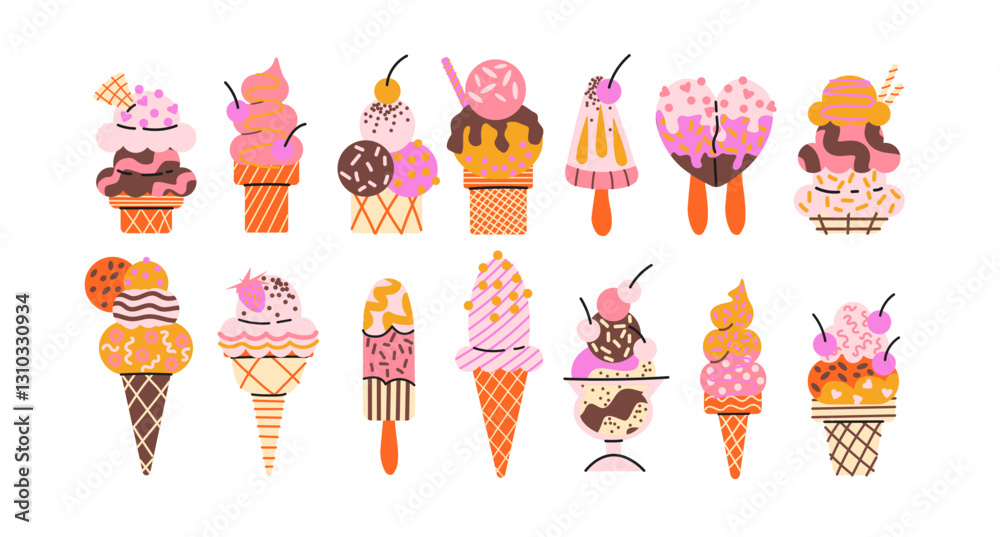 Ice cream set. Cartoon sweets different types of ice cream: cones and popsicles.Groovy doodle retro 90s illustration dessert, summer, and sweet treat concept