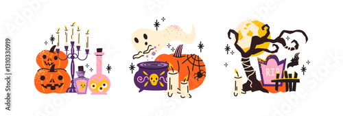 Halloween stickers and scary magic in cartoon style 90s. Vintage witchcraft shapes: skull, pumpkin, witch, ghosts, eye, potion. Spooky scary groovy patches set.