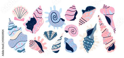 Sea seashells, beach inhabitants, crab, mollusks, corals, ocean exotic starfish. Vector retro cartoon nautical pattern. Modern trendy flat illustration