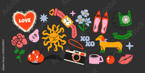 Retro hippie stickers 90s. Cartoon characters, bright psychedelic elements, funky shapes, retro music, vinyl, vintage. Trendy labels, patches, stamps	