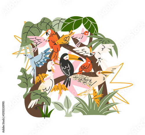 Exotic tropical leaves, parrots, exotic birds, jungle plants, palm trees, monstera leaves and flowers. Set of vector jungle illustrations in cartoon retro style