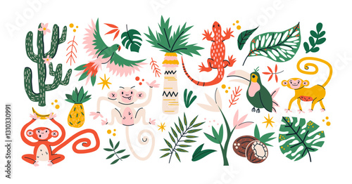 Stickers exotic tropical leaves, tigers, leopards and wild animals, birds, jungle plants, palm trees, monstera leaves and flowers. Set of vector jungle stickers in cartoon retro style