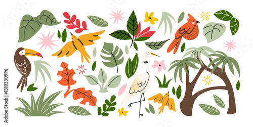 Stickers exotic tropical leaves, tigers, leopards and wild animals, birds, jungle plants, palm trees, monstera leaves and flowers. Set of vector jungle stickers in cartoon retro style