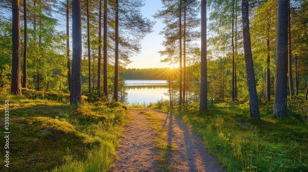 Fototapeta premium A serene forest path leads to a tranquil lake, illuminated by the warm glow of a setting sun, surrounded by lush greenery and tall trees.