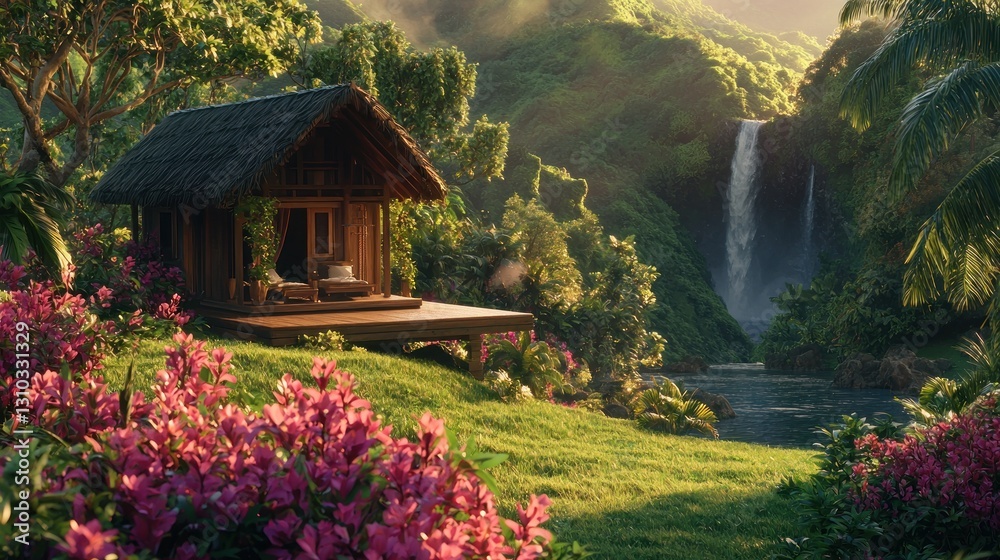 Obraz premium Tropical bungalow near waterfall.