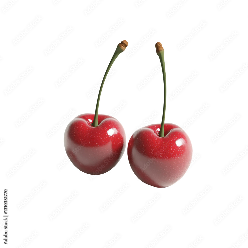 Two Glossy Red Cherries With Stems On Transparent Background, PNG Two Glossy Red Cherries With Stems On Transparent Background, PNG