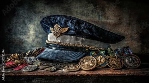 Vintage military pilot cap with medals and badges on wooden surface.