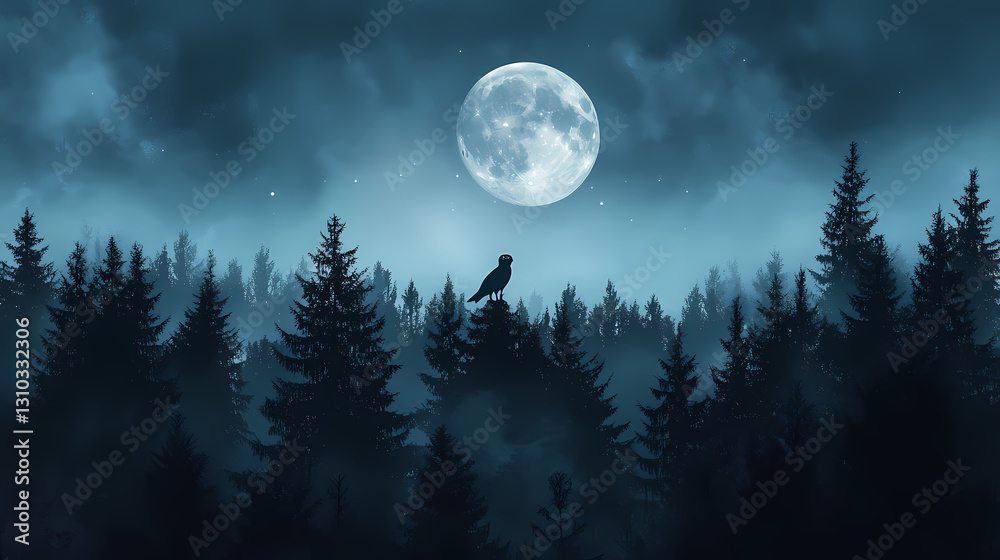 Moody and atmospheric night sky with glowing moon and silhouetted evergreen forest. Nocturnal - Owl. Illustration