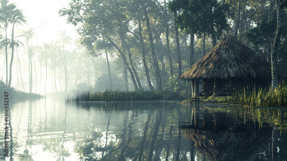 Fototapeta premium Misty morning, tranquil river, thatched hut in lush jungle.