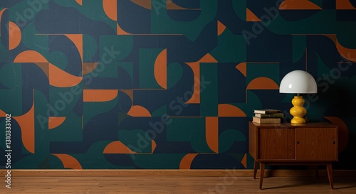 Retro Geometric Wallpapered Room - Mid-Century Modern Interior with Teak Sideboard and Lamp.