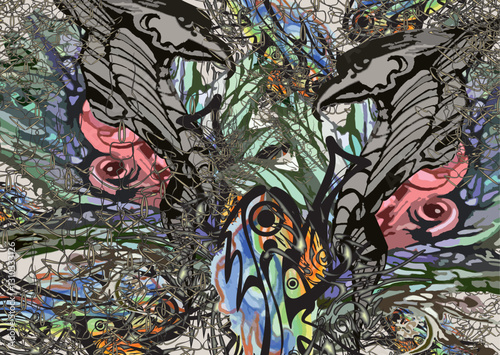 Chaotic wavy ornamental background created by eagle heads and rose elements for textiles or fabrics. Colorful ethnic motifs for covers, interiors, tiles, fashion trends, dynamic posters, prints, etc. 