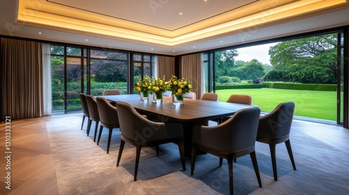 Elegant dining room with modern decor  large table  and garden view through glass doors