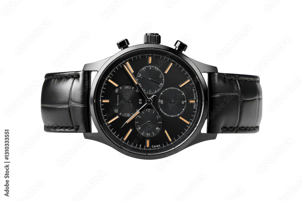 Elegant black chronograph watch with leather strap displayed on white background highlighting its sophisticated design and features Elegant black chronograph watch with leather strap displayed on white background highlighting its sophisticated design and features