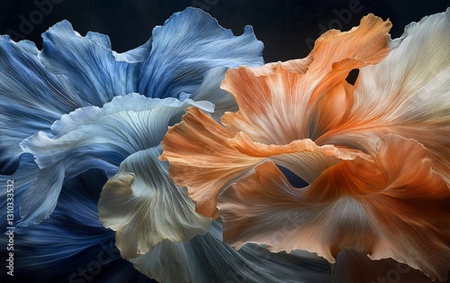Elegant blue and orange betta fish fins in water.