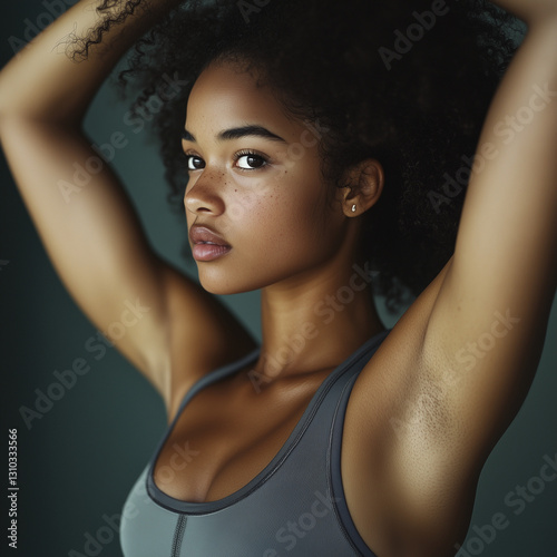frau, schönheit, gesicht, haar, leitbild, gestalten, achseln, achselhöhle, armpit, behaart, haiorry, person, leute, lächelnd, 1, frau, brünett, atelier, glamour, auge, lächeln, anschauen, haut, pferde