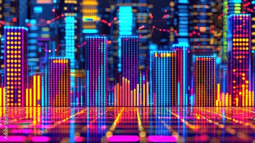 Futuristic city illuminated at night with colorful lighting. Stock photography for commercial use