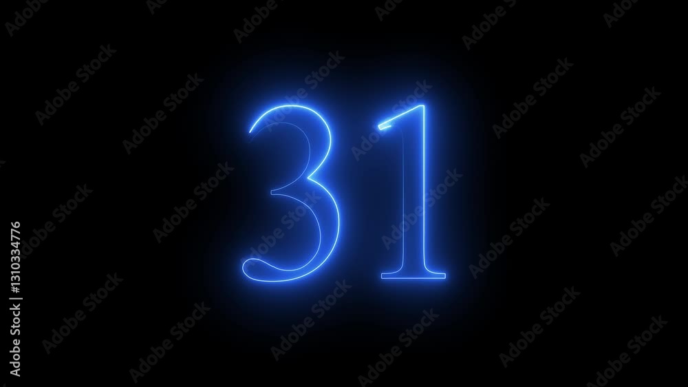 31 number text animation by cyan color neon on black background. 31 number text animation by cyan color neon on black background.