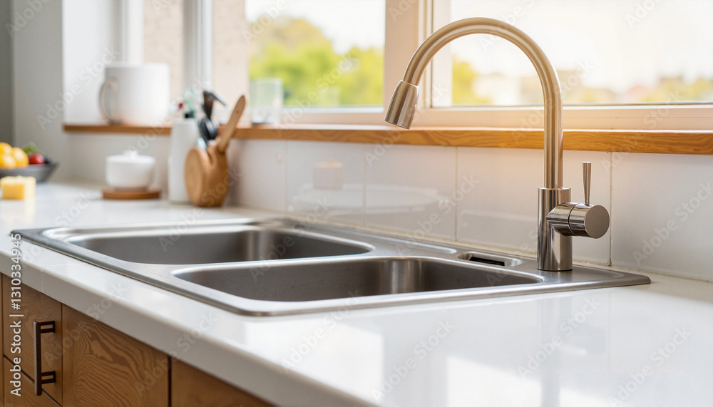 Modern kitchen sink with stainless steel faucet against bright window Modern kitchen sink with stainless steel faucet against bright window