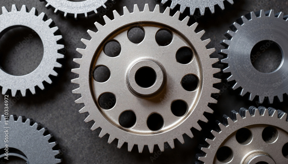 Industrial gears arranged in a workshop setting, precision mechanics Industrial gears arranged in a workshop setting, precision mechanics