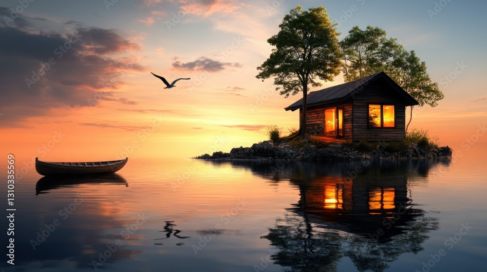 Fototapeta premium Wooden cabin on island at sunset, calm water, bird in flight